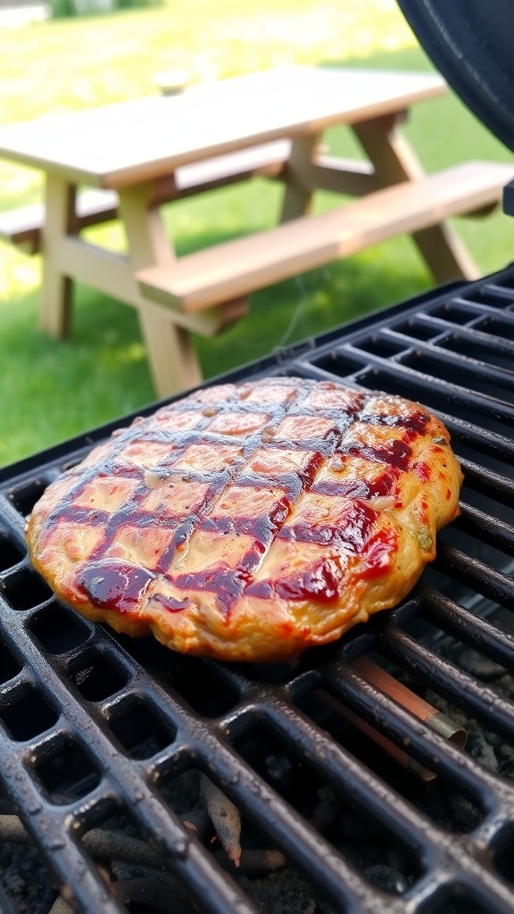 Grilled beef patty on a barbecue grill with grill marks, set in an outdoor picnic setting.